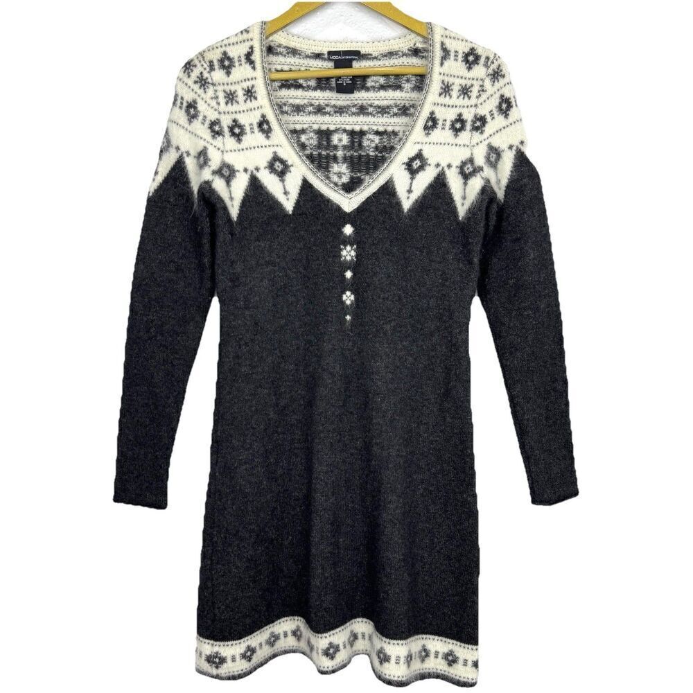 Vintage Moda International V-Neck Sweater Dress Size S White Gray Boho Grunge